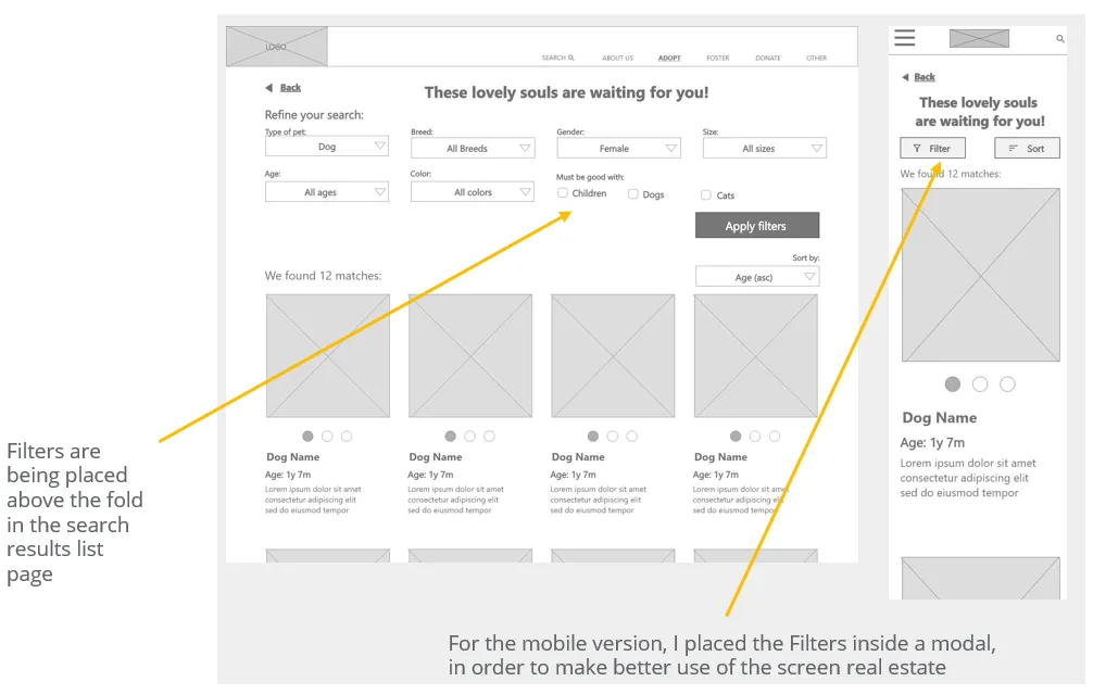 Mobile digital wireframes with the filter modal