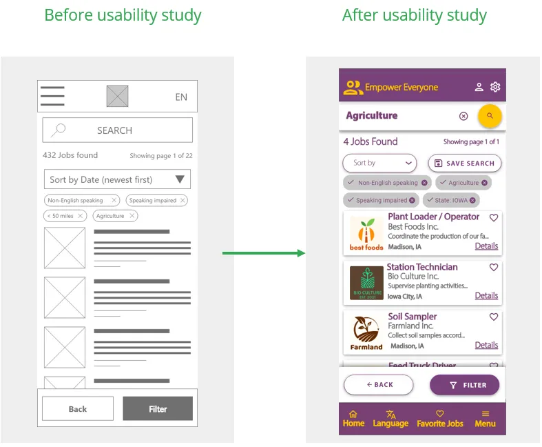 The job search results before and after the usability study, with a Save Search option added