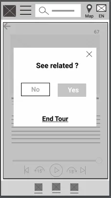 Digital wireframe of the end-of-artwork prompt offering related artworks